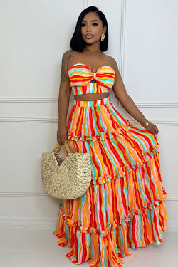 orange striped skirt set