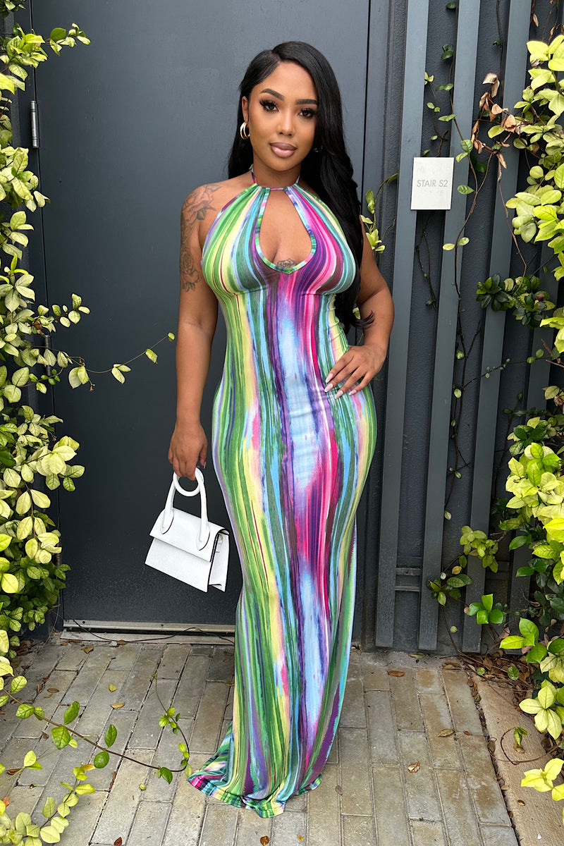 Fitted multi color maxi dress