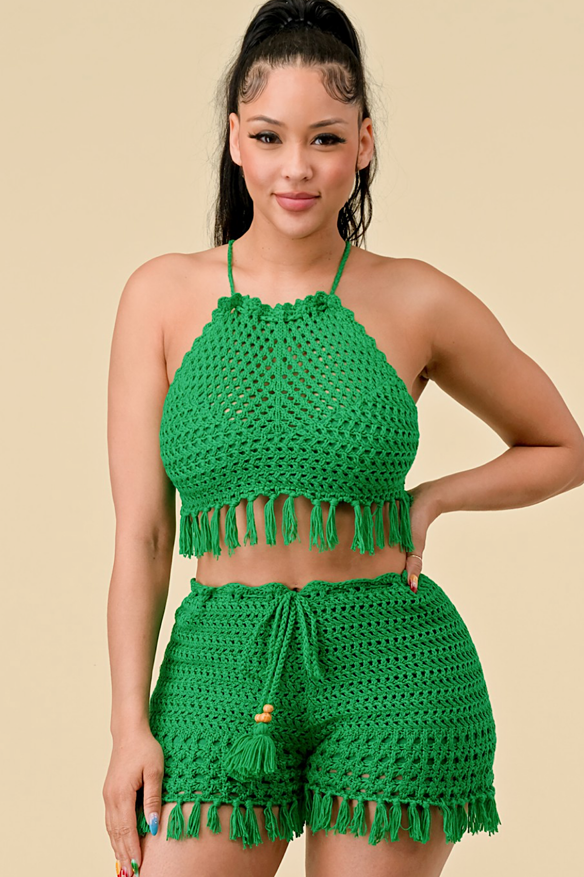 Crochet two piece shorts set (green)