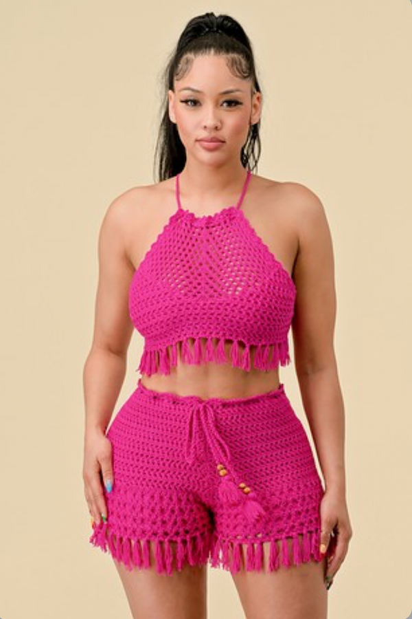 Crochet two piece shorts set (pink)